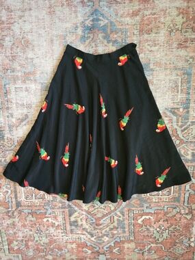 Black Vintage Parrot-Print A-Line Midi Skirt